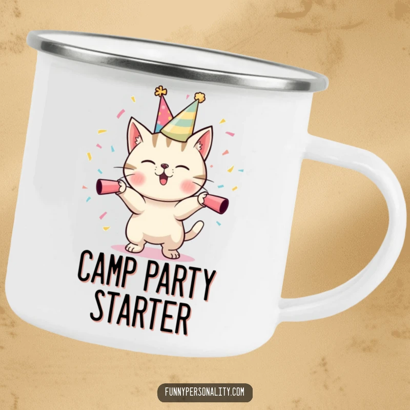 Funny Cat Party Camping Mug: A rugged enamel mug featuring a cat in a party hat shooting confetti, perfect for outdoor celebrations.