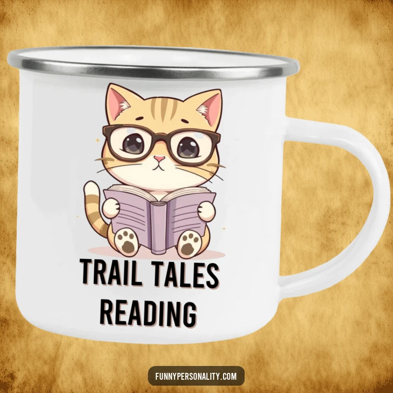 Funny camping mug featuring a cat in glasses reading a book, perfect for coffee breaks and outdoor reading.