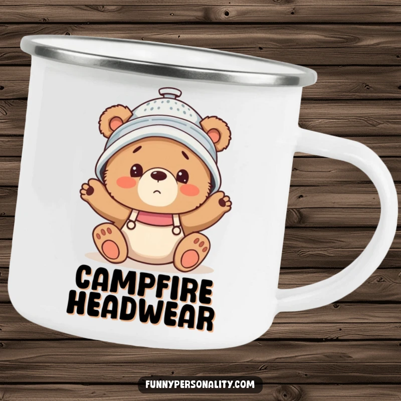 Funny Camping Mug showing a confused bear cub wearing a colander hat, great for outdoor moments of humor.