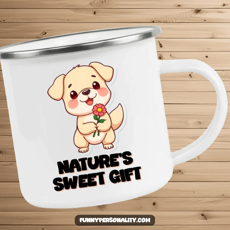 Funny camping mug featuring a small dog character enthusiastically offering a flower, designed for outdoor adventures and cheerful sipping.