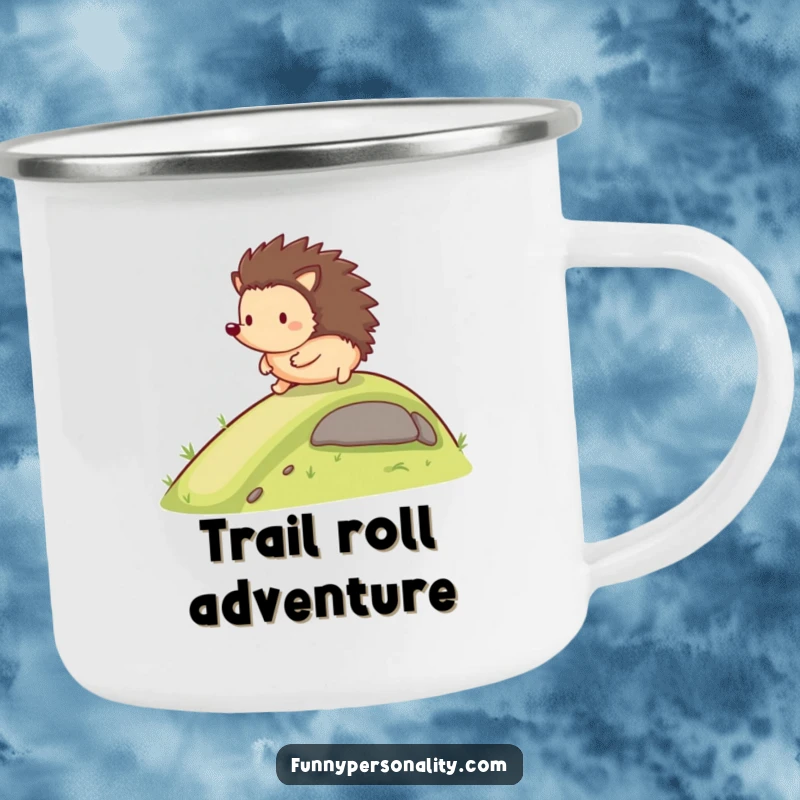 Funny Camping Mug: A happy hedgehog rolls down a gentle slope, great for outdoor humor gifts.