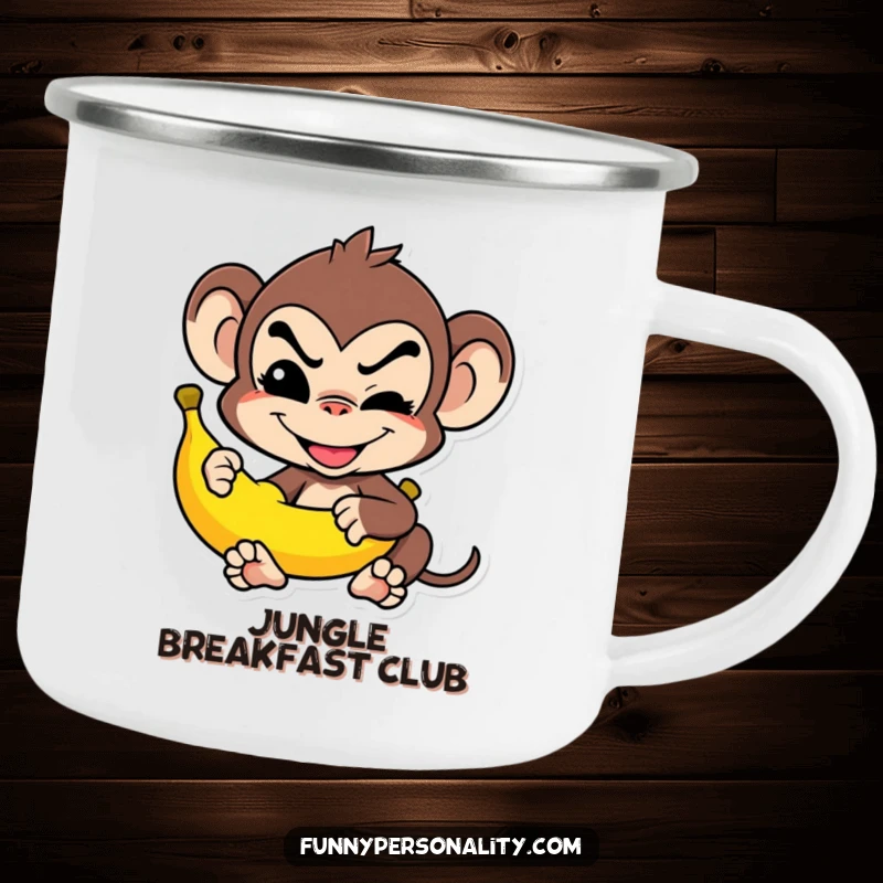 Funny Camping Mug: A mischievous monkey grins while balancing a banana, great for outdoor humor gifts.