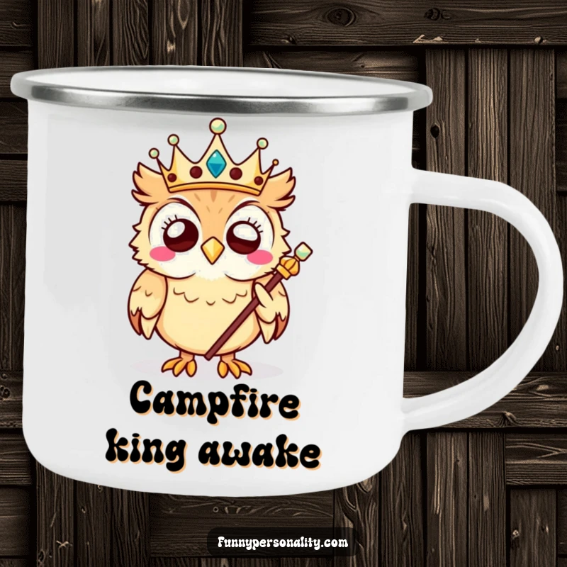 Funny owl camping mug featuring a giggling owl king with a crown and scepter, perfect for outdoor adventures and humorous sips.