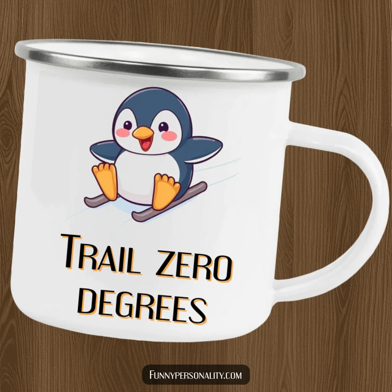 Funny camping mug showing a gleeful penguin character sliding down an arctic ice slope, perfect for hot drinks on adventures.