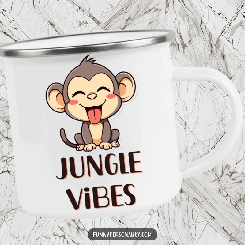 Funny Camping Mug: A silly monkey making a funny face and sticking its tongue out, an enamel cup for outdoor adventures and smiles.