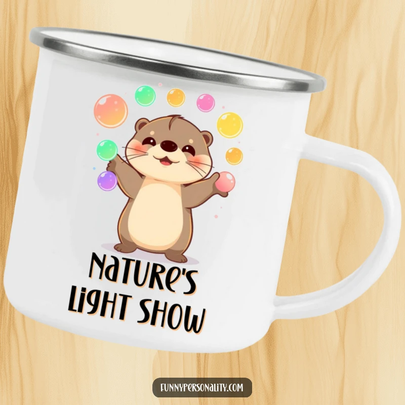 Funny Otter Camping Mug with a happy otter juggling colorful glowing orbs, perfect for outdoor cheer.