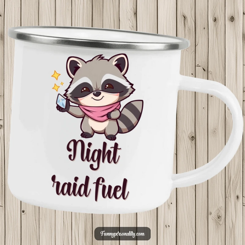 Funny Camping Mug: A joyful raccoon wearing a mask and holding a shiny object, an enamel cup for enjoying beverages with a smile.