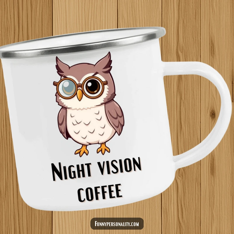 Wise owl camping mug featuring an intelligent owl character with a monocle, perfect for contemplative outdoor trips.