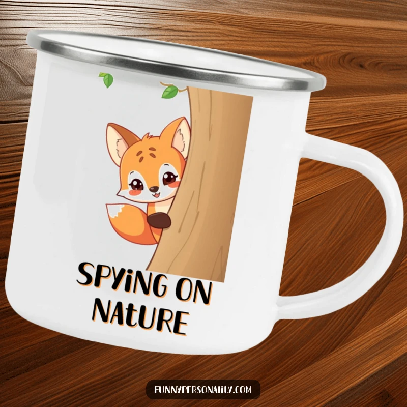 Funny enamel camping mug featuring a playful cartoon fox peeking around a tree with a mischievous grin, perfect for outdoor humor.