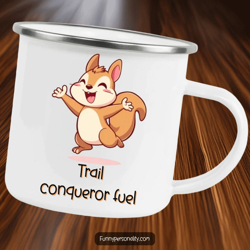 Energetic squirrel camping mug featuring a squirrel character in a triumphant leap, perfect for adventurous and motivated individuals.