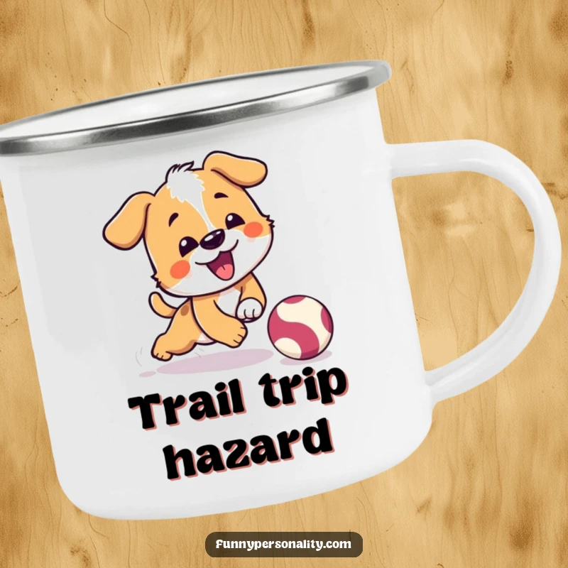 Funny camping mug with a playful dog character comically tripping while chasing a bouncing ball, great for outdoor fun.