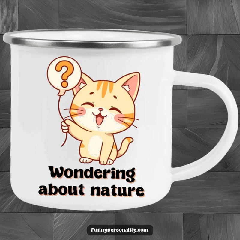 Funny Cat Question Balloon Camping Mug: A durable mug featuring a curious cat pointing at a question mark balloon, for outdoor adventures. Gift.
