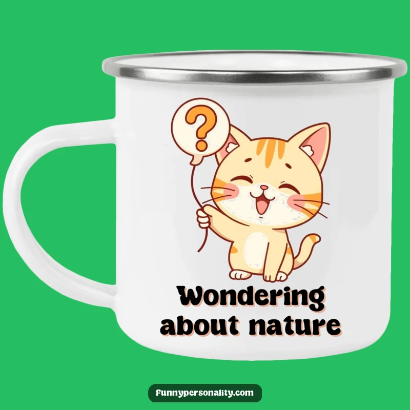 Funny Cat Question Balloon Camping Mug: Explore the Unknown!