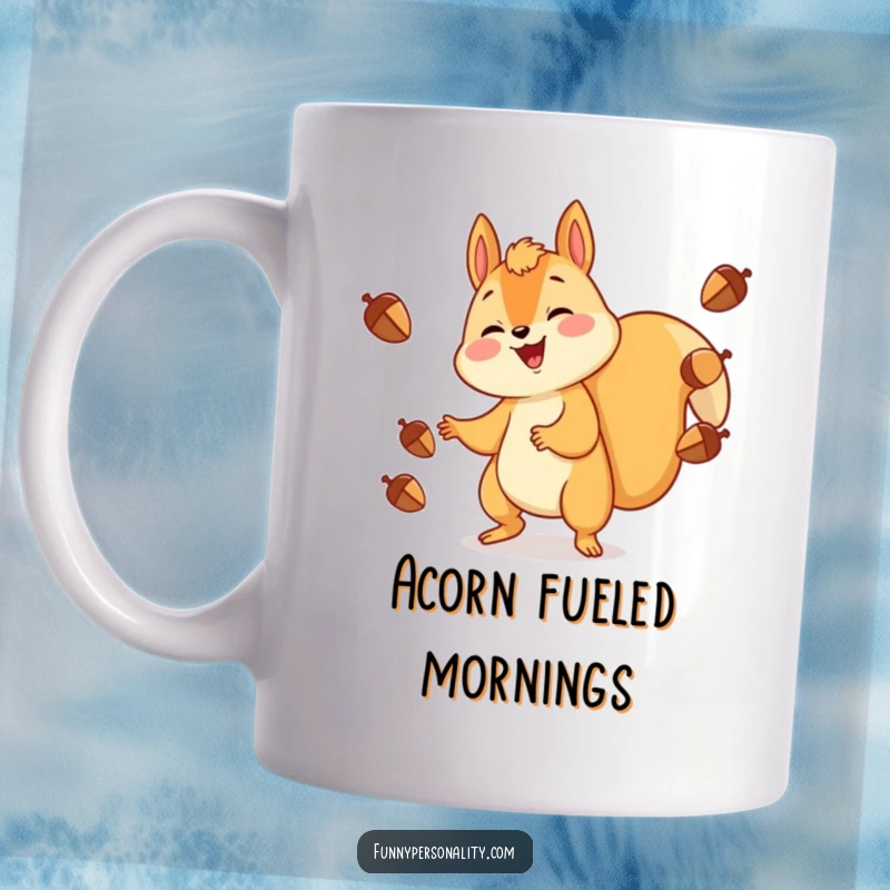 Funny Mug: A cheerful squirrel gleefully juggling acorns with a wide smile, showcasing playful energy and natural fun.