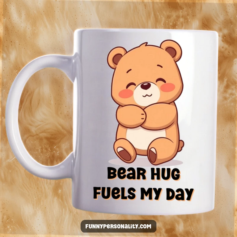 Funny Bear Hug Mug featuring a lovable bear character giving a huge, warm, and friendly hug, perfect for expressing affection.