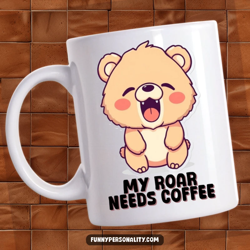 Funny bear mug: a fluffy bear character excitedly roaring a tiny, silent, adorable roar, bringing a smile.