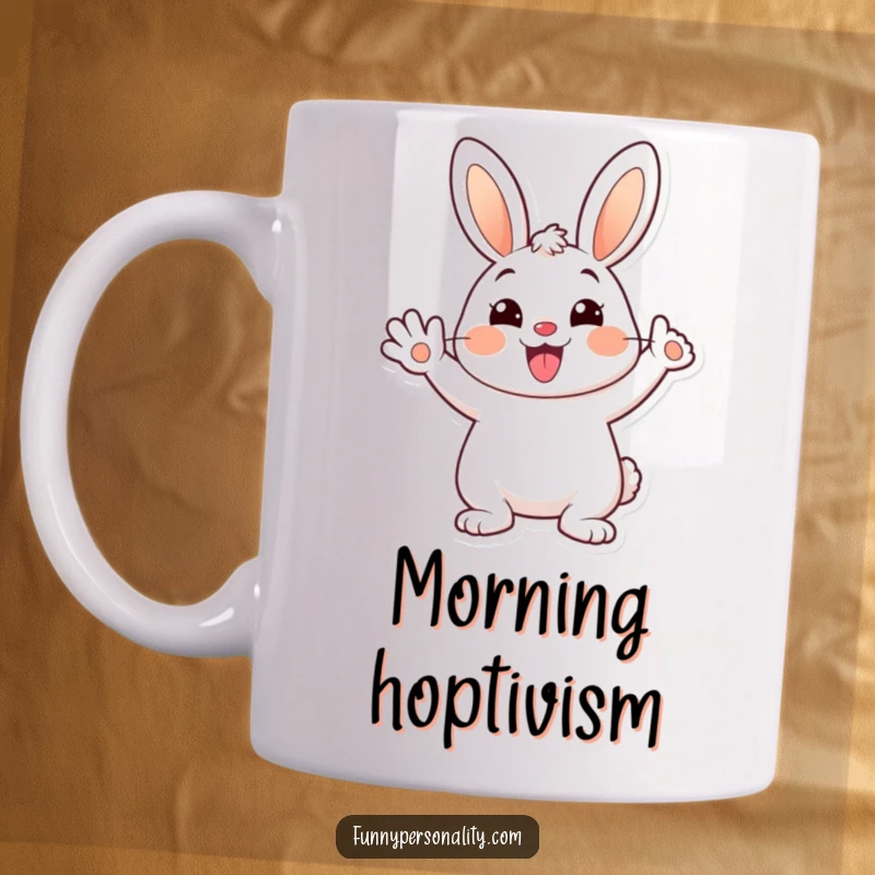 Funny mug with a cheerful cartoon bunny waving happily with a big, infectious smile. A symbol of pure joy.