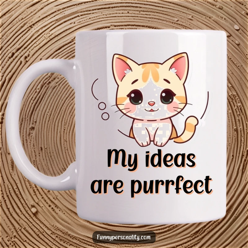 Funny Cat Mug featuring a curious kitten peeking out of a thought bubble, embodying playful contemplation.