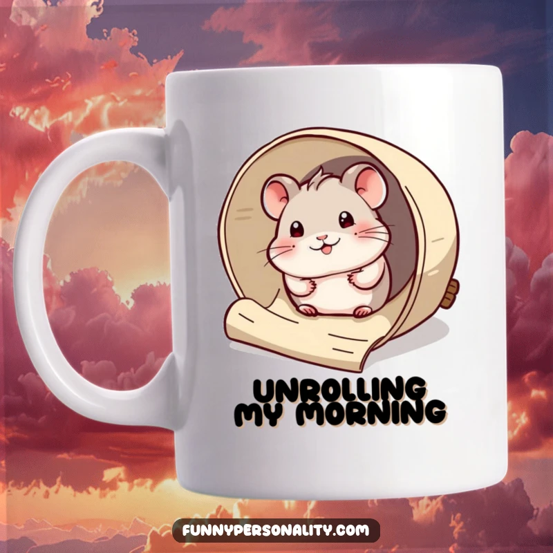 Funny Mug: A curious hamster character peeks out from a giant rolled-up scroll, perfect for a charming and humorous gift.