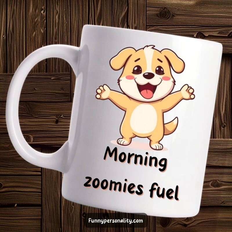 Funny Dog Dance Mug: A happy dog is shown mid-dance move with an ecstatic expression. A fun and energetic funny gift.