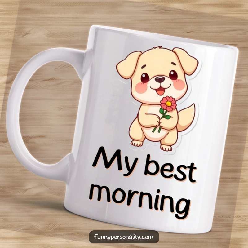Funny mug depicting a small dog character with a wagging tail enthusiastically offering a single flower with a happy, eager expression.