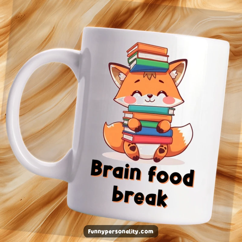 Funny fox books mug: a playful fox character concentrating hard while balancing a tall stack of books on its head.