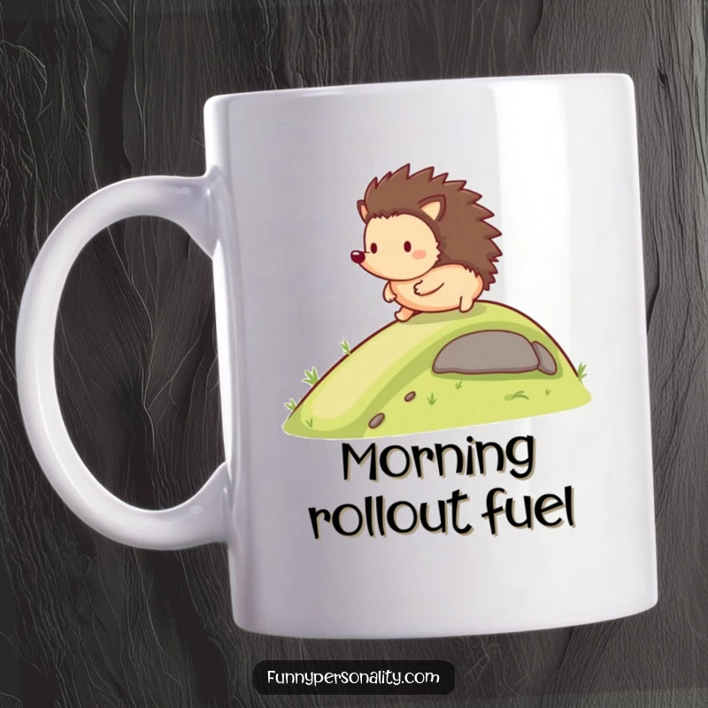 Funny Mug: A happy hedgehog character rolls joyfully down a gentle slope, perfect for a cute and humorous gift.