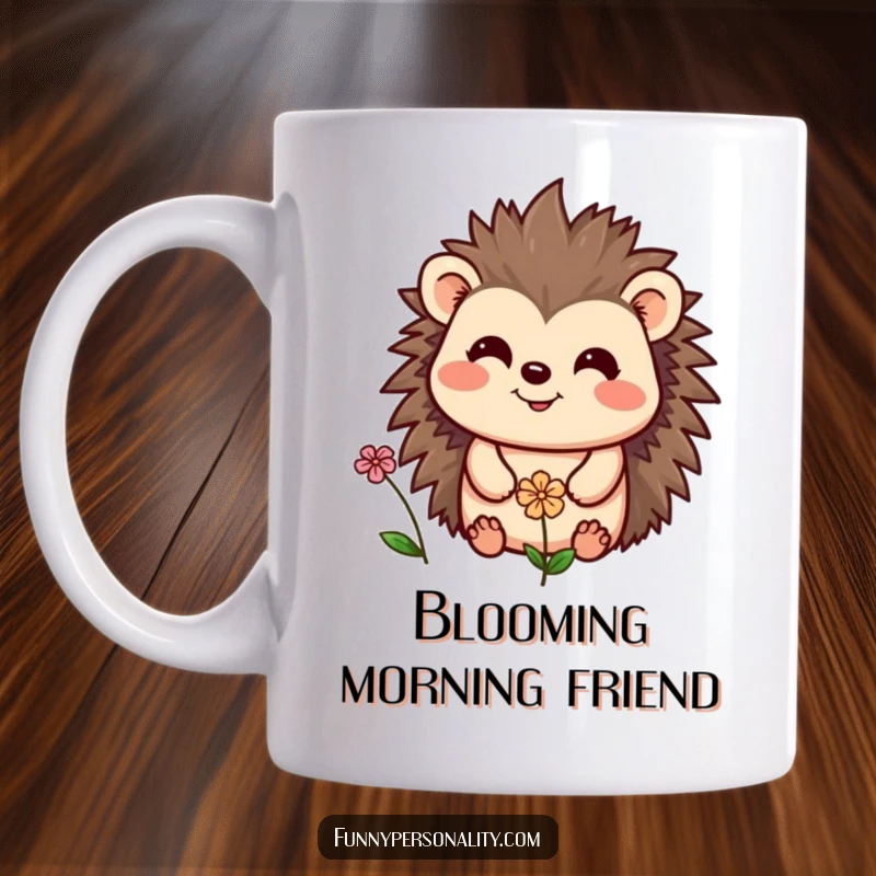 Funny mug with a cheerful hedgehog smiling warmly at a small, delicate flower, a sweet and heartwarming scene of nature's joy.