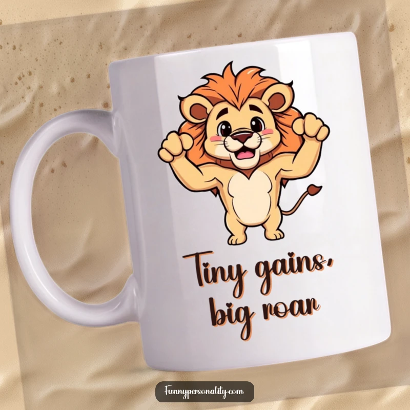 Funny mug featuring a proud lion character flexing tiny, fluffy biceps with a confident, humorous expression.