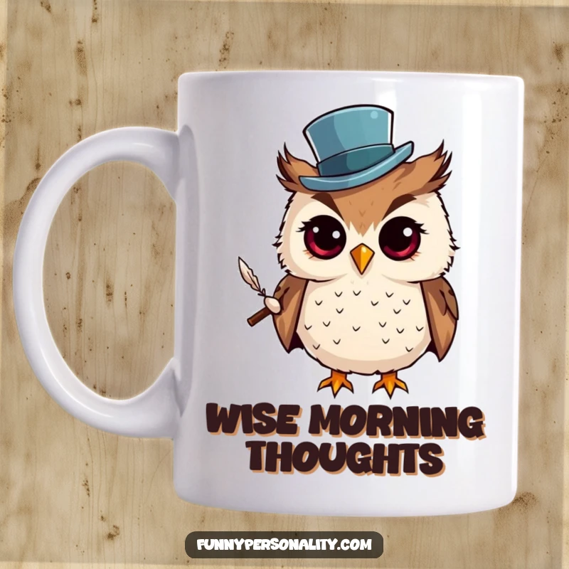 Funny Mug: A curious owl wearing a tiny top hat and holding a quill, symbolizing wisdom, intellect, and quirky charm.