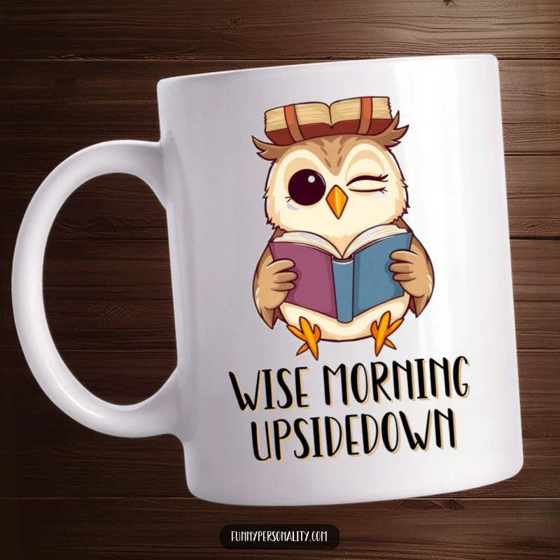 Funny mug with a winking owl grinning mischievously while reading a book upside down, a symbol of unconventional knowledge.
