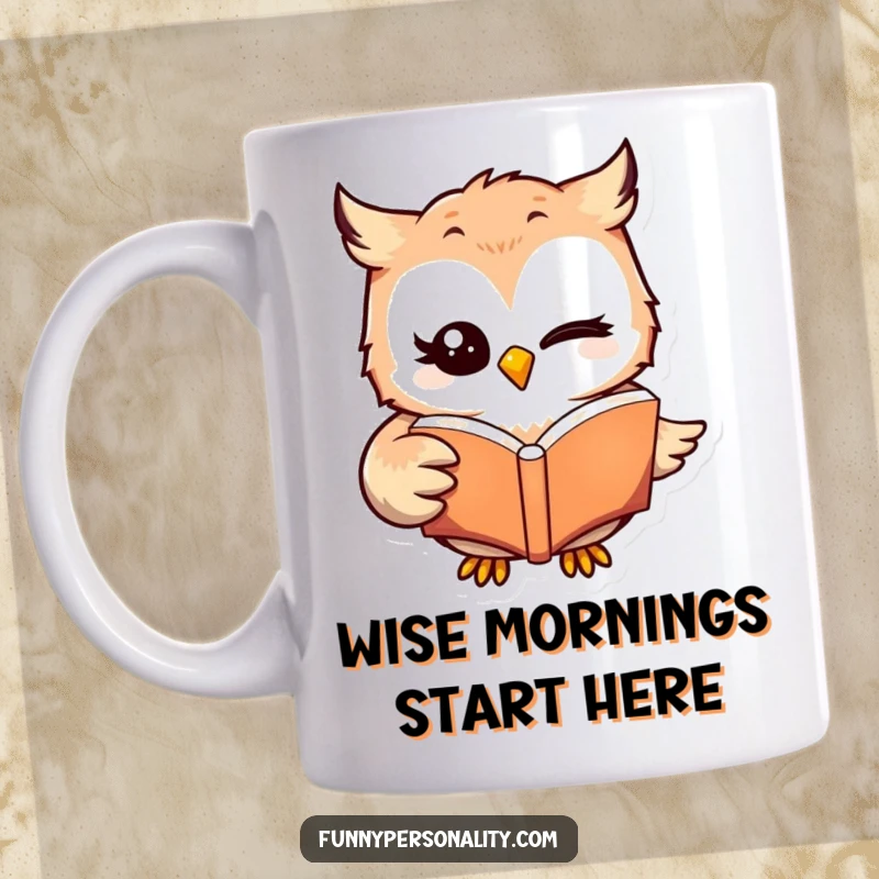 Funny winking owl character cleverly holding a book open with its wing, illustrated on a mug, ideal for book lovers and a funny gift.