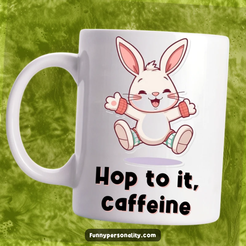 Funny rabbit mug: a grinning rabbit character joyfully hopping while wearing oversized, mismatched socks, radiating cheer.