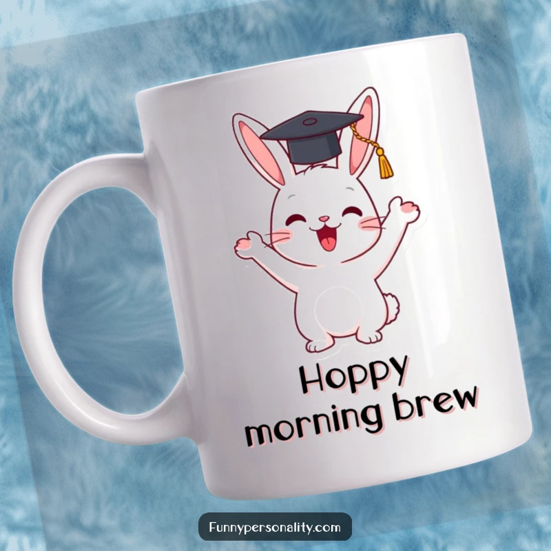 Funny mug with a happy rabbit character enthusiastically waving a tiny graduation cap, celebrating achievement with joy.