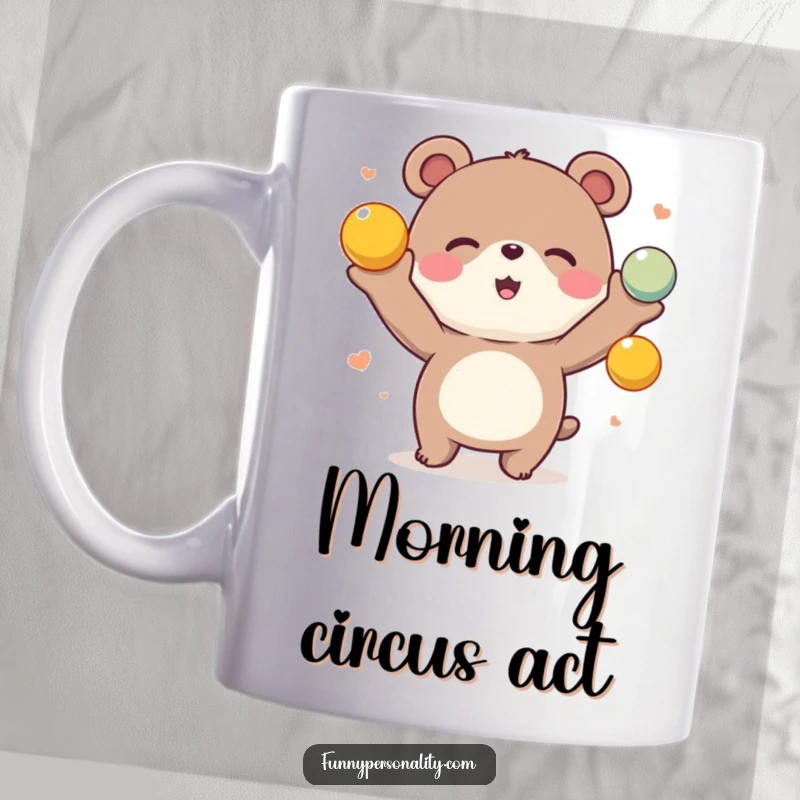 Funny Bear Juggling Mug: A happy bear smiles while expertly juggling bright, colorful balls. A fun and cheerful funny gift.