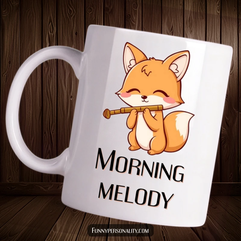 Funny mug showing a cheerful fox character blissfully playing a tiny flute with its eyes closed, lost in a sweet, imaginary melody.