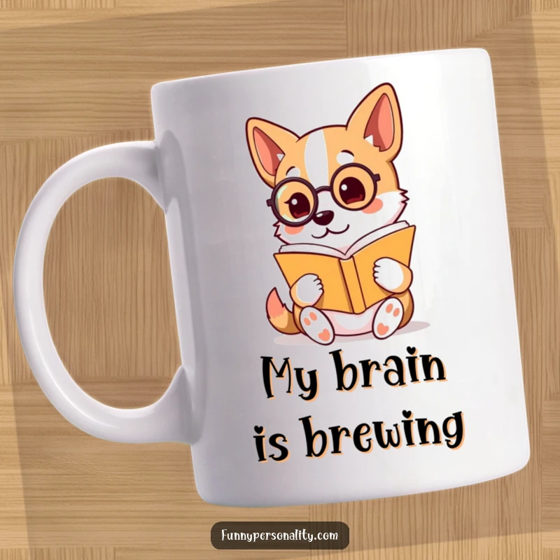 Funny Mug: A playful dog character dons a monocle, engrossed in reading a book with intense, studious interest.