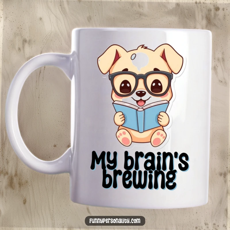 Funny mug with a cute cartoon puppy wearing glasses, engrossed in a book with a happy, grinning expression.