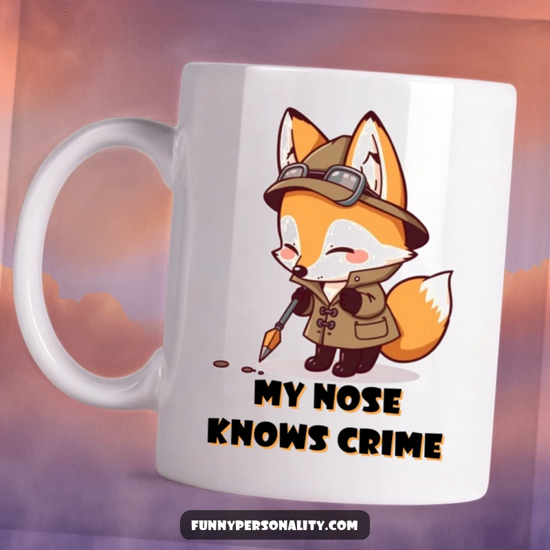 Funny detective fox with magnifying glass sniffing ground, wearing trench coat, perfect funny gift mug.
