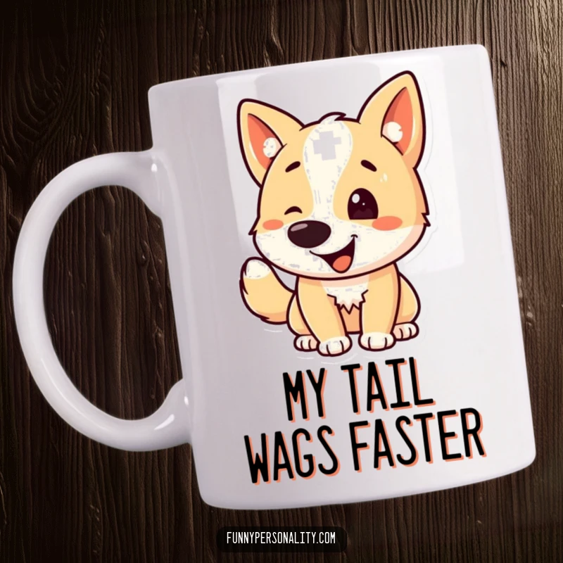 Funny dog mug featuring a happy dog character enthusiastically wagging its tail, radiating pure joy and excitement.