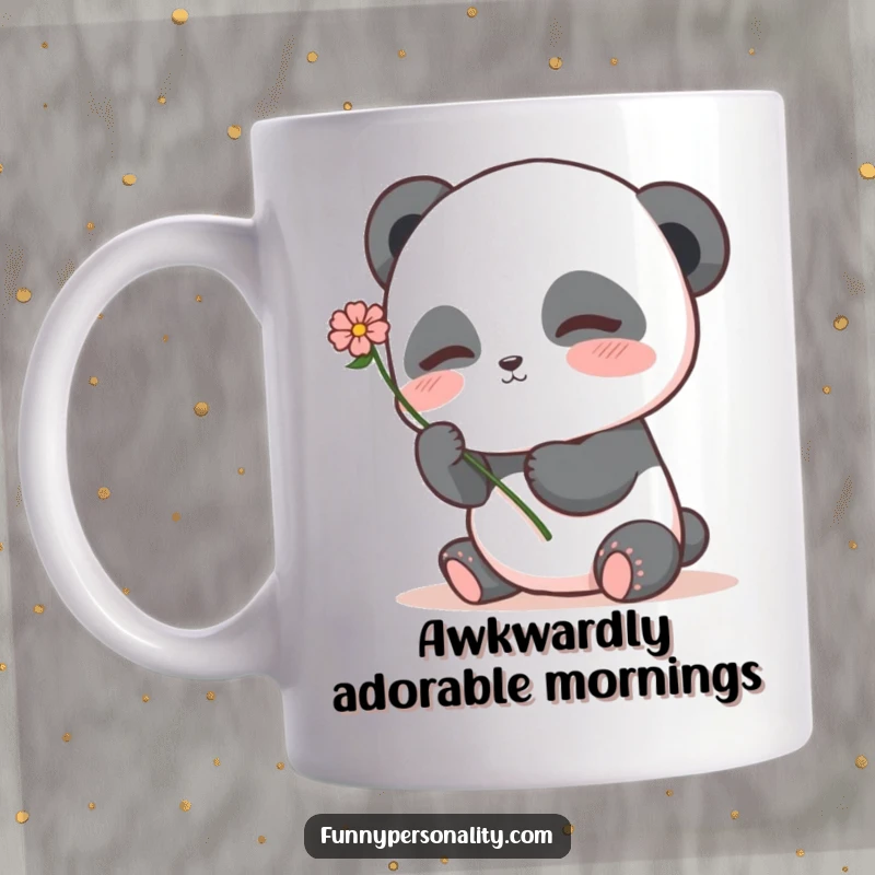 Shy panda mug showing a cute panda character blushing while holding a single flower, a sweet and endearing gift.