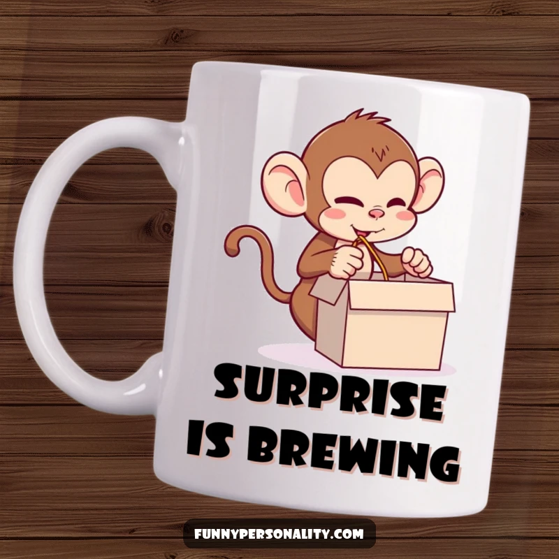 Funny monkey mug featuring a mischievous monkey pulling a comically long string from a tiny box, symbolizing playful chaos.