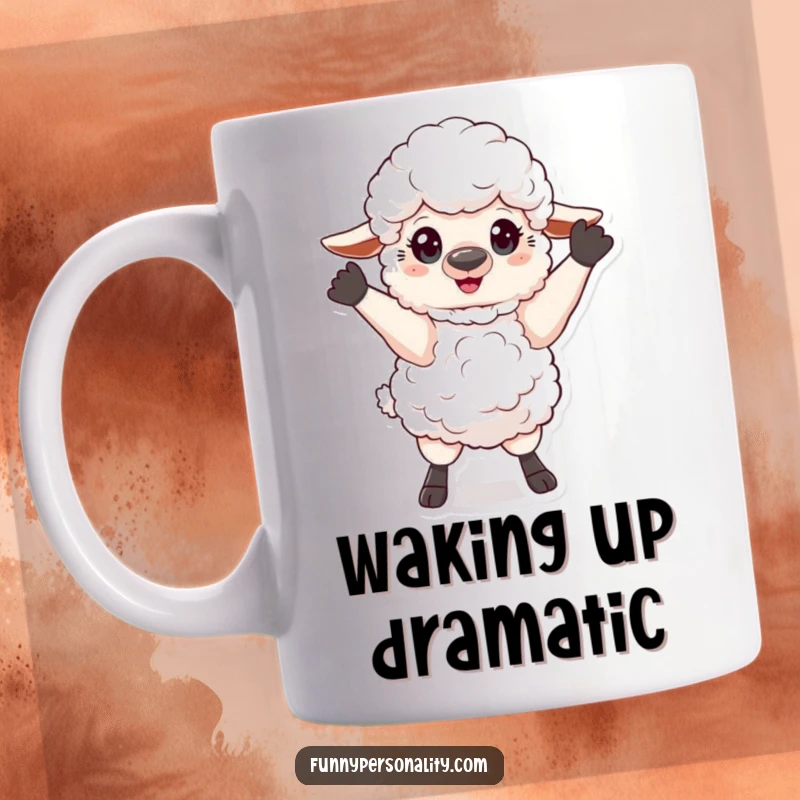 Funny Mug: A fluffy sheep striking an exaggerated, dramatic pose with flair, embodying theatrical personality and humor.