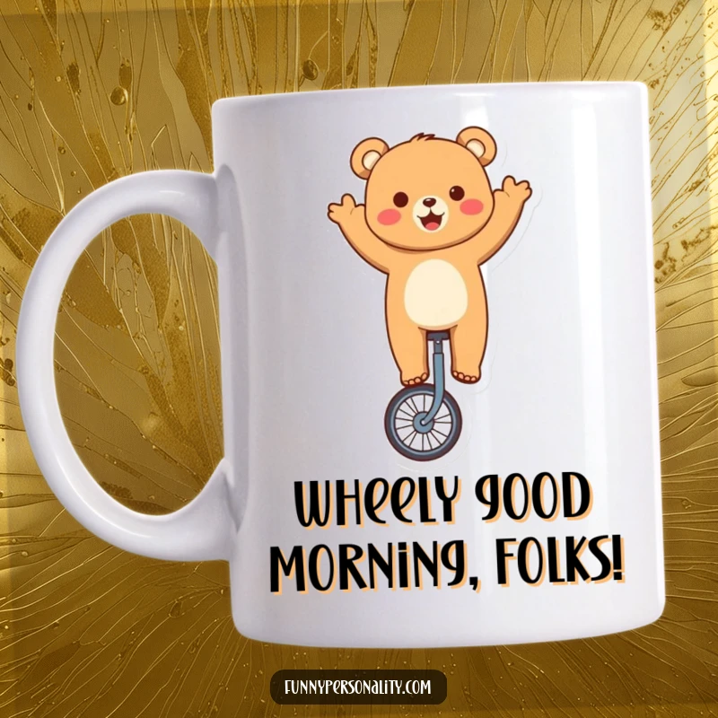 Funny bear mug with a cute character excitedly balancing on a unicycle and waving, showcasing pure joy and circus fun.