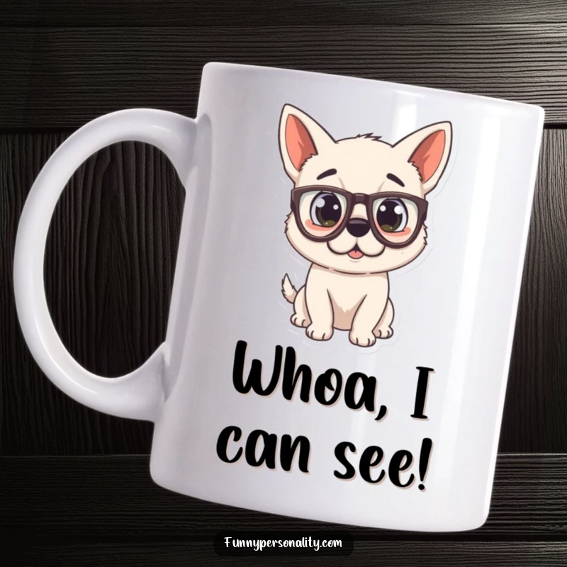 Funny Dog Mug featuring a playful puppy wearing oversized glasses and looking comically surprised, great for a laugh.