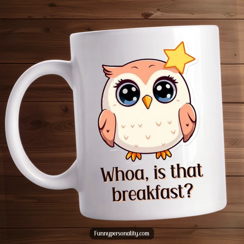 Funny Mug: A round, wide-eyed owl character looks utterly surprised by a bright shining star, perfect for a humorous gift.