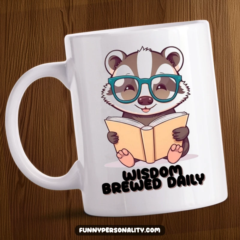 Funny mug: a cheerful badger with large glasses engrossed in a massive book, symbolizing intelligence.