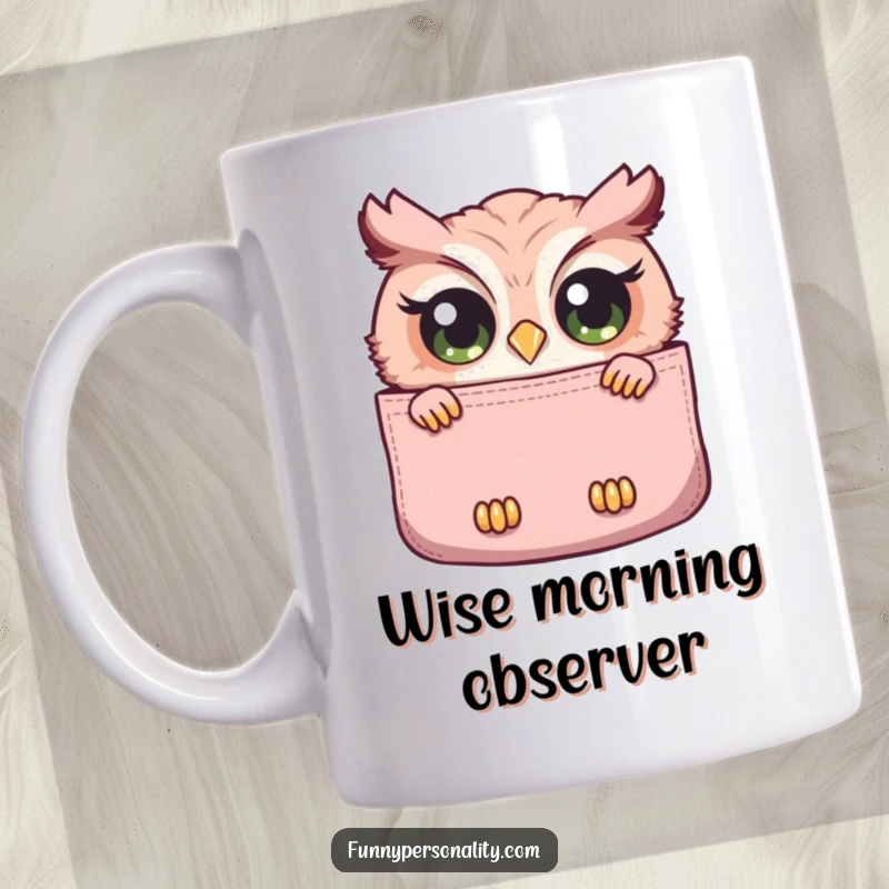 Funny mug featuring a curious owl with wide eyes peeking out from a large pocket, symbolizing observation and gentle surprise.