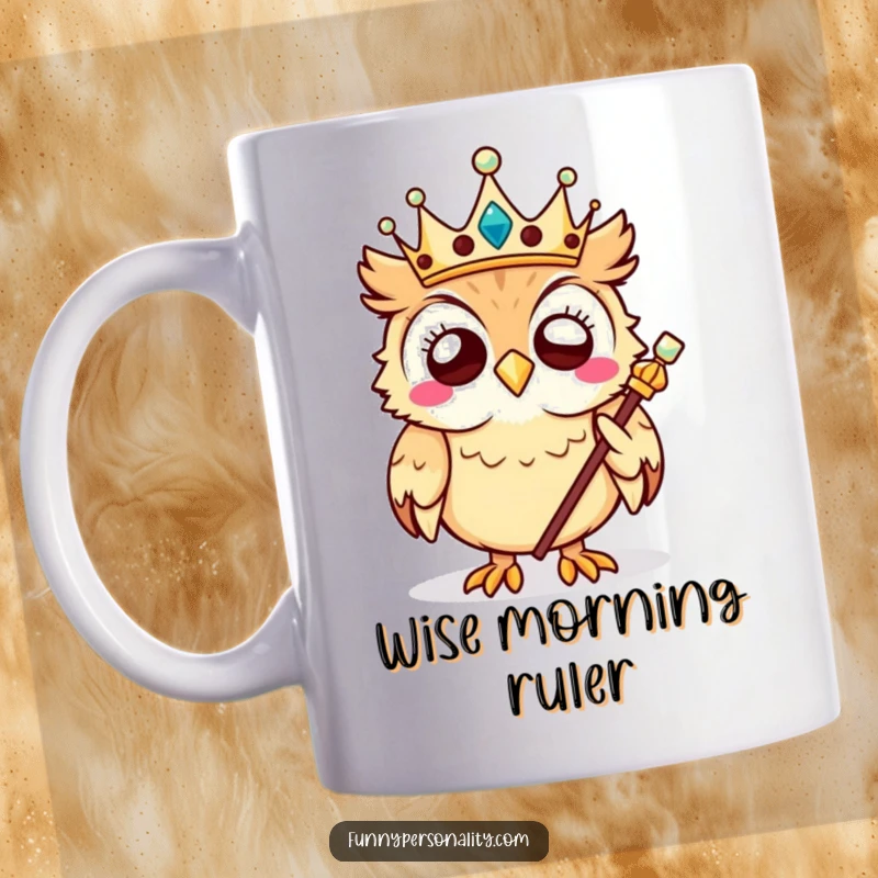 Funny owl mug featuring a giggling owl king with a crown and scepter, symbolizing wise humor and regal silliness.