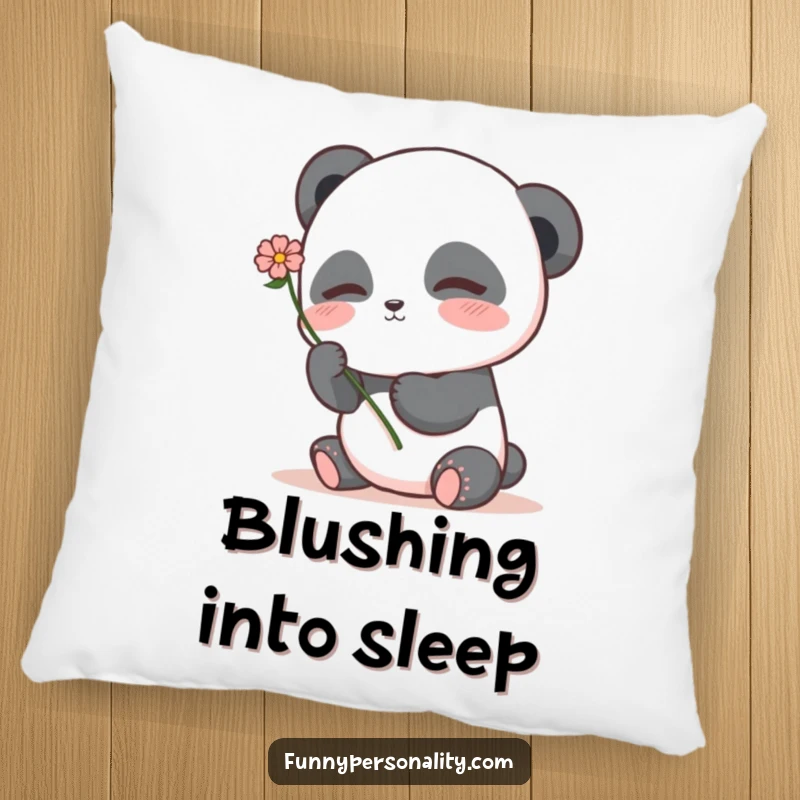 Cute shy panda pillow featuring a blushing panda character holding a flower, perfect for adding sweet and cozy charm.